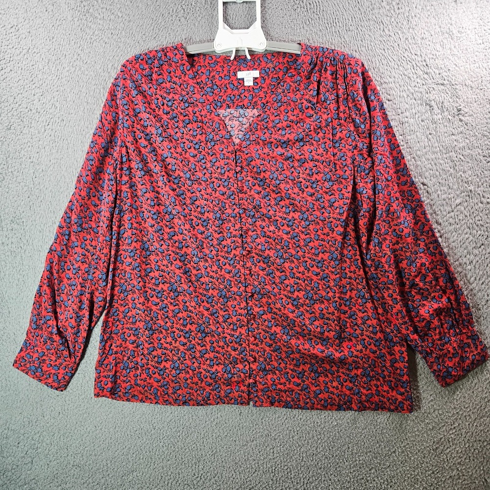 J Jill Tunic Top Women Large Leaf Print Button Up Long Sleeve Soft‎ Red